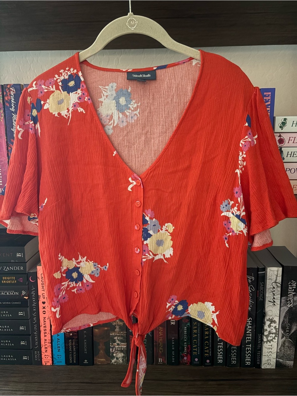 ModCloth Coral-Red Floral Tie-Front Button Down Blouse